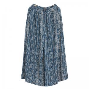 Folk Totem Prints Blue Gaucho Pants Cotton Linen Ankle Pants