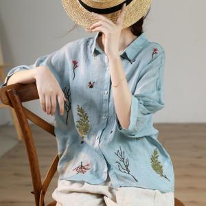 Chunky Embroidery Blouse Light Blue Linen Shirt for Women