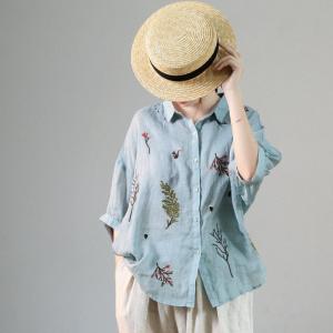 Chunky Embroidery Blouse Light Blue Linen Shirt for Women