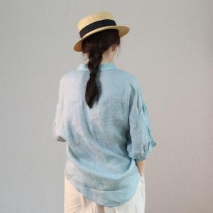 Chunky Embroidery Blouse Light Blue Linen Shirt for Women