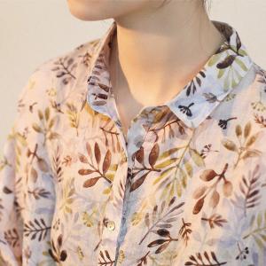 Leaf Patterns Fluffy Sleeve Flax Clothing Loose-Fit Linen Shirt