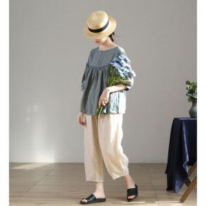 Puff Sleeves Linen Doll Blouse Flax Oversized Plain Pullover