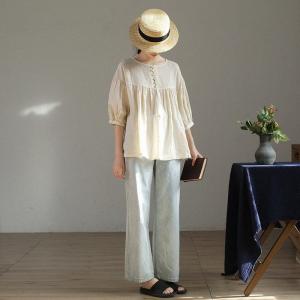 Puff Sleeves Linen Doll Blouse Flax Oversized Plain Pullover