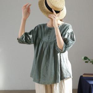 Puff Sleeves Linen Doll Blouse Flax Oversized Plain Pullover