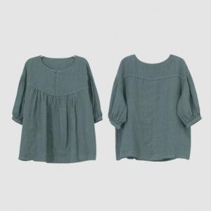 Puff Sleeves Linen Doll Blouse Flax Oversized Plain Pullover