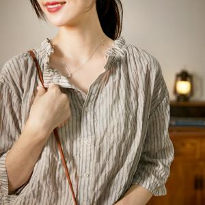 Office Causal Vertical Striped Shirt Cotton Linen Japanese Blouse