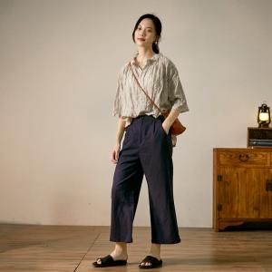 Office Causal Vertical Striped Shirt Cotton Linen Japanese Blouse
