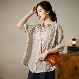 Office Causal Vertical Striped Shirt Cotton Linen Japanese Blouse