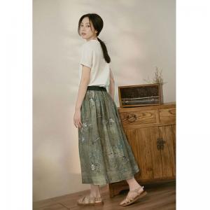 Elastic Waist Printed Linen Skirt Maxi Green Flare Skirt