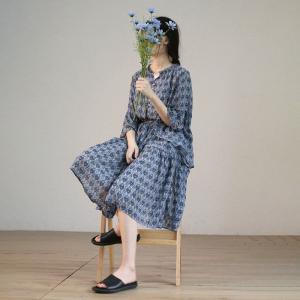 Flouncing Sleeves Blue Floral Dress Loose Beach Chiffon Dress