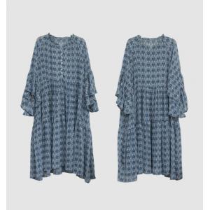 Flouncing Sleeves Blue Floral Dress Loose Beach Chiffon Dress