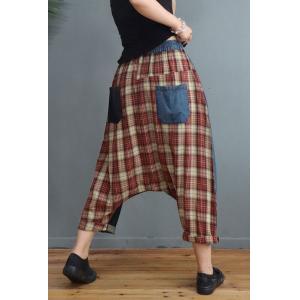 Blue Contrast Checkered Harem Pants Patchwork Denim Fisherman Pants