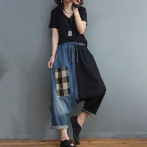 Blue Contrast Checkered Harem Pants Patchwork Denim Fisherman Pants