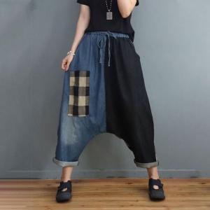 Blue Contrast Checkered Harem Pants Patchwork Denim Fisherman Pants