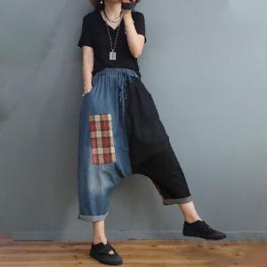 Blue Contrast Checkered Harem Pants Patchwork Denim Fisherman Pants