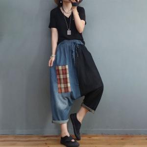 Blue Contrast Checkered Harem Pants Patchwork Denim Fisherman Pants