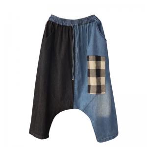 Blue Contrast Checkered Harem Pants Patchwork Denim Fisherman Pants