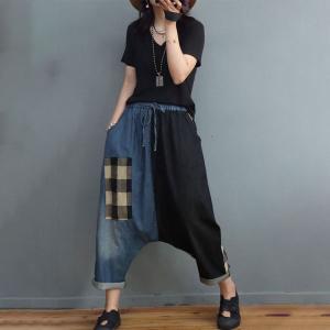 Blue Contrast Checkered Harem Pants Patchwork Denim Fisherman Pants