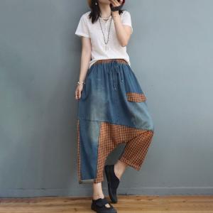 Plaid Patchwork Comfy Harem Jeans Drawstring Waist Genie Pants