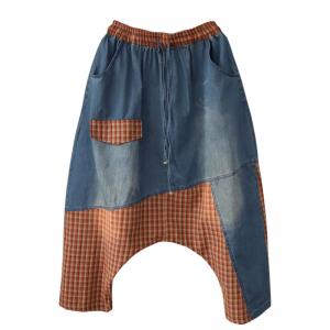 Plaid Patchwork Comfy Harem Jeans Drawstring Waist Genie Pants