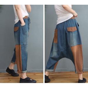 Plaid Patchwork Comfy Harem Jeans Drawstring Waist Genie Pants