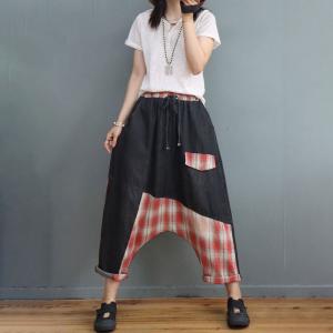 Plaid Patchwork Comfy Harem Jeans Drawstring Waist Genie Pants