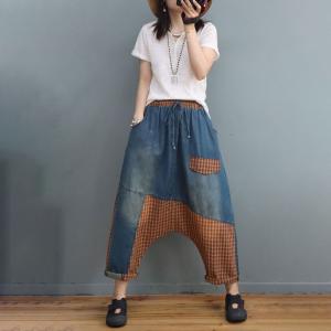 Plaid Patchwork Comfy Harem Jeans Drawstring Waist Genie Pants