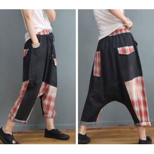 Plaid Patchwork Comfy Harem Jeans Drawstring Waist Genie Pants