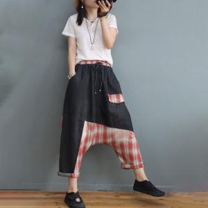 Plaid Patchwork Comfy Harem Jeans Drawstring Waist Genie Pants