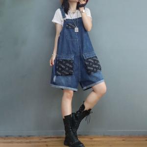 Letter Pockets Wide Leg Overall Shorts Summer Jean Rompers