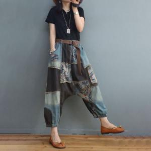 Fashion Printed Patchwork Stone Wash Jeans Raw Hem Hammer Pants