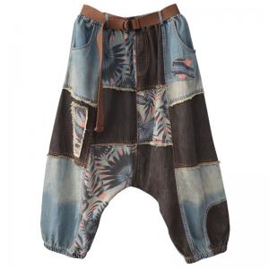 Fashion Printed Patchwork Stone Wash Jeans Raw Hem Hammer Pants