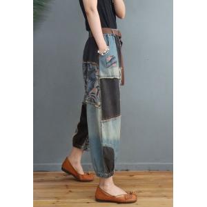 Fashion Printed Patchwork Stone Wash Jeans Raw Hem Hammer Pants