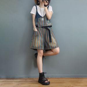 Colorful Striped and Gingham Denim Vest with Short Sets