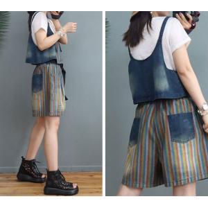 Colorful Striped and Gingham Denim Vest with Short Sets