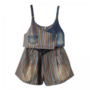 Colorful Striped and Gingham Denim Vest with Short Sets