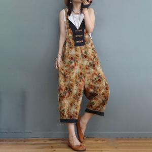 Frog Buttons Backless Sunflowers Overalls V-Neck Cotton Linen Folk Overalls