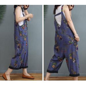 Frog Buttons Backless Sunflowers Overalls V-Neck Cotton Linen Folk Overalls