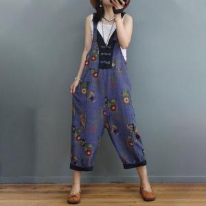 Frog Buttons Backless Sunflowers Overalls V-Neck Cotton Linen Folk Overalls