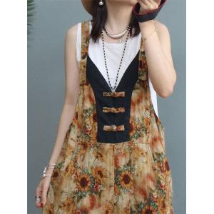 Frog Buttons Backless Sunflowers Overalls V-Neck Cotton Linen Folk Overalls