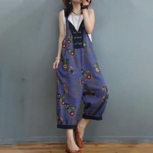 Frog Buttons Backless Sunflowers Overalls V-Neck Cotton Linen Folk Overalls