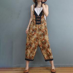 Frog Buttons Backless Sunflowers Overalls V-Neck Cotton Linen Folk Overalls