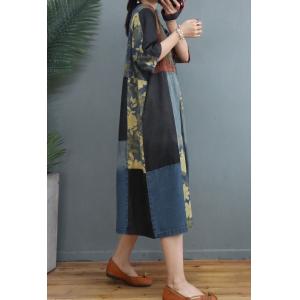 Blue and Black Plus Size Dress Printed Mid-Calf Denim Dress