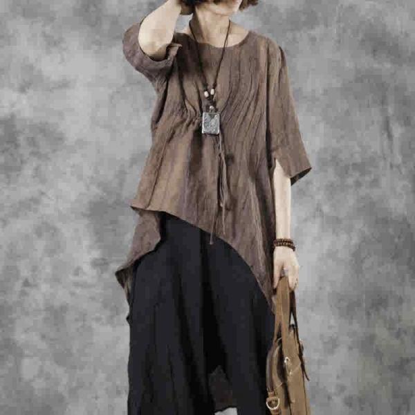 Solid Colors Drawstring Blouse Asymmetrical Loose Linen Tunic