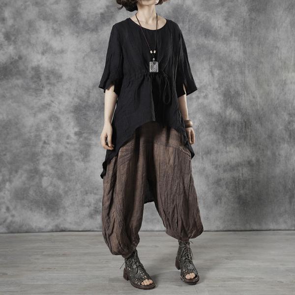 Loose-Fit Linen Tied Shirt Flax Black Tunic Top for Women