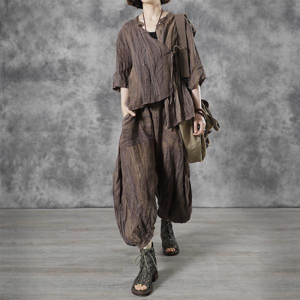Button Down Coffee Tied Shirt Loose Linen Short Jacket