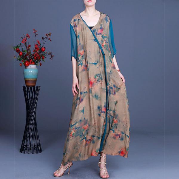 Cotton Linen V-Neck Floral Dress Summer Loose Tied Dress