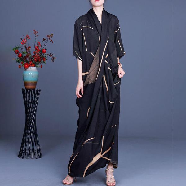 Back Slits Silky Front Cross Dress Loose Black Striped Maxi Dress