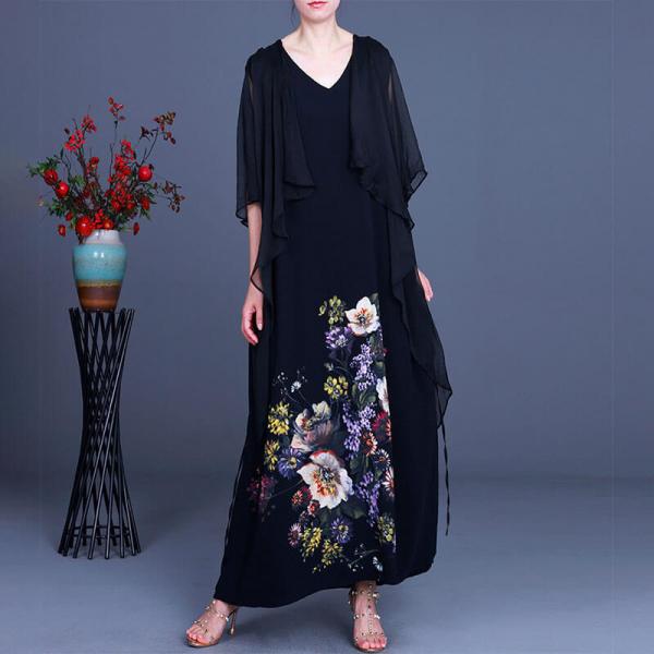 Sheer Sleeves Colorful Flowers Dress Lace Up Black Flouncing Dress