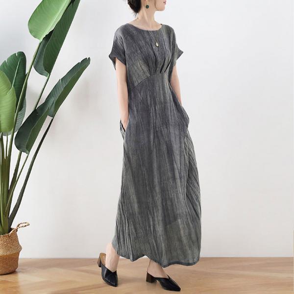 Short Sleeve Gray Tie Front Dress Loose Linen Maxi Dress